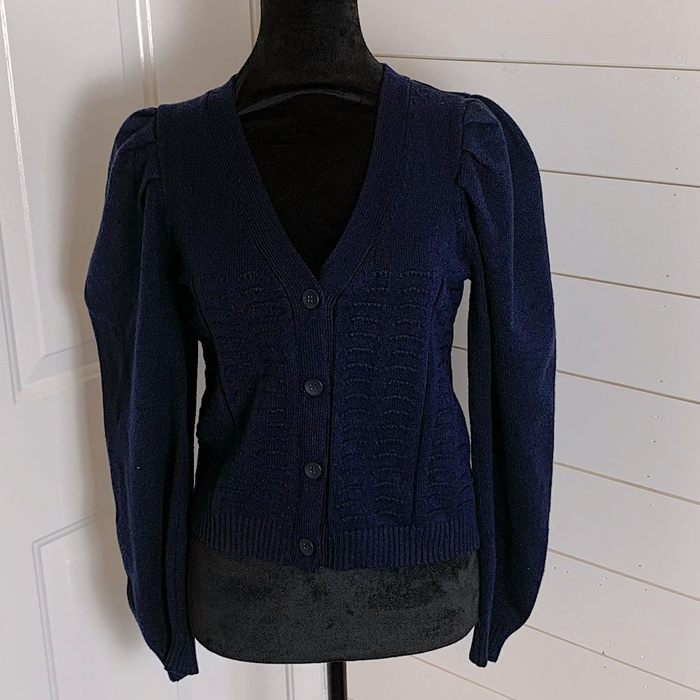 Truth Republic Pleated Puff Sleeve Cardigan Navy Blue woman’s size large preppy